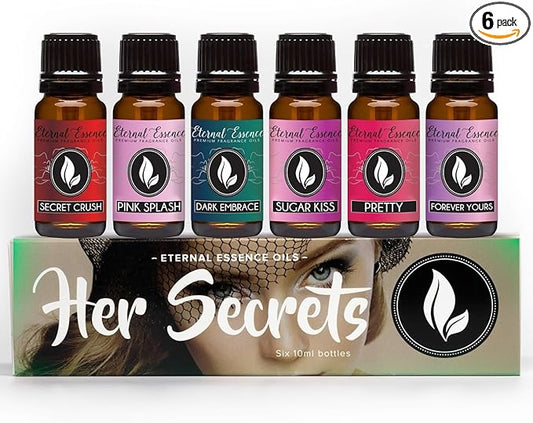 Eternal Essence Oils Her Secrets Set of 6 Premium Fragrance Oils - Includes Pretty, Dark Embrace, Forever Yours, Secret Crush, Pink Splash, and Sugar Kiss Scents Scented Oils - 10ML