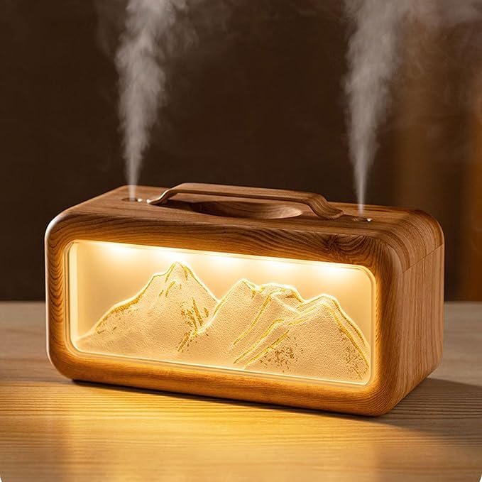 600ml Essential Oil Diffuser, Dual Spray Mountain Aromatherapy Diffuser Cool Mist Humidifier with Light, Essential Oil Scent for Home Bedroom (Dark Wood Grain)
