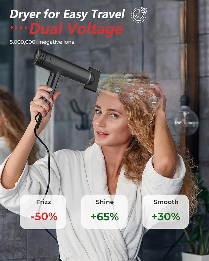 Travel Hair Dryer with Diffuser, 110V-240V Dual Voltage High-Speed Ionic Hair Dryers, 2200W Fast Drying, Lightweight, Low Noise, No Hair Damage