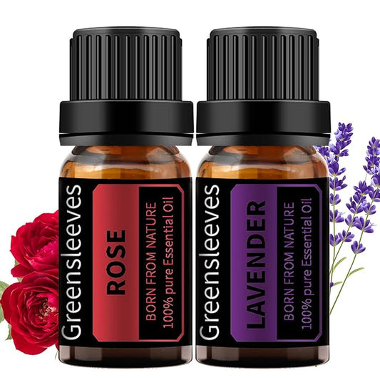 GREENSLEEVES Rose Lavender Essential Oil Set, 2 x 10ml Pure Plant-Based Fragrance Oil for Aromatherapy, Essential Oils for Diffuser, Massage, Bath Bomb, Scented Candle Soap Making