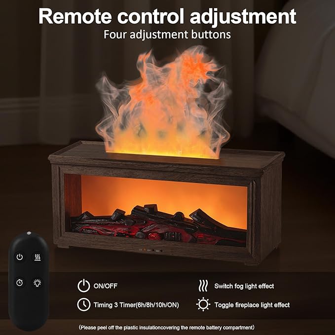 Fireplace Flame Essential Oil Diffuser Humidifier - Ultrasonic Aroma Diffuser with 7-Color Flame Effect, Remote Control & Auto-Off Timer for Bedroom, Home Office,Yoga(Dark Wood Grain)