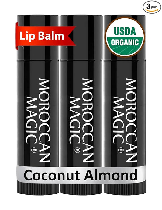 Moroccan Magic Organic Coconut Almond Lip Balm 3 Pack | Ultra-Hydrating Argan & Essential Oil Lip Moisturizer + Vitamin E | Natural Chapstick for Dry Lips | Smooth, Non-Toxic | Organic Lip Balm