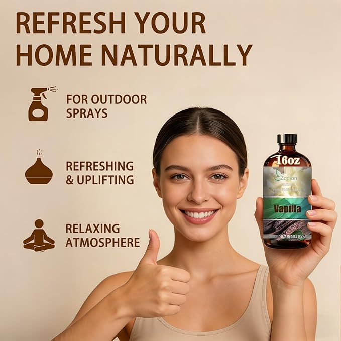 Vanilla Essential Oil, 16 fl oz (480ml) - ZODION Vanilla Fragrance Oil for Diffuser, Massage, Humidifier, DIY Candle, Soap Making, Home, Bath, Yoga