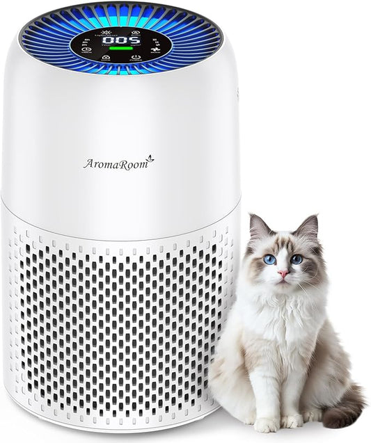 Pet Air Purifier for Home, AromaRoom Air Purifiers for Pet Hair Dander Odor Allergies Smoke, H13 HEPA Air Filter, Air Quality Monitor, Auto Mode, Quiet Air Cleaner for Bedroom, Living Room，White
