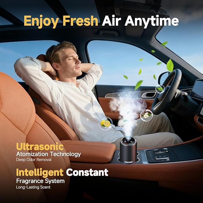 Smart Car Air Freshener with Star Light & 50ml Diffusers Oil Refills, Auto On/Off Aroma Diffuser, 3 Adjustable Mist Modes Rechargeable Aromatizante para Carro - Car Diffuser（Ocean）