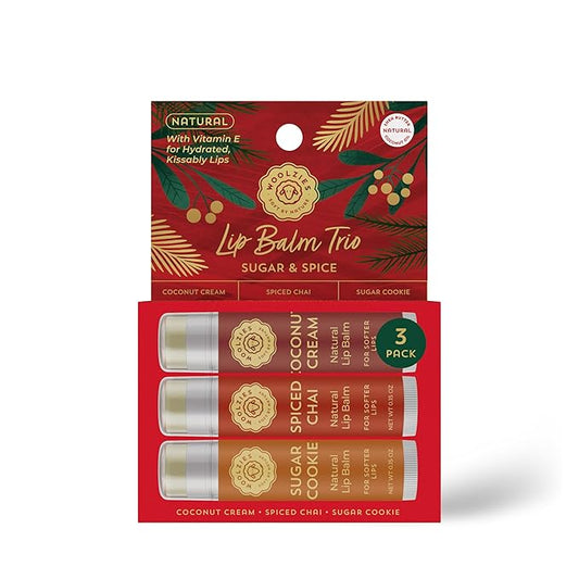 Holiday Stocking Stuffer Lip Balm Set: All-Natural Shea Butter, Beeswax, Coconut Oil, & Vitamin E Infused Lip Care (3 Pack, Sugar & Spice)