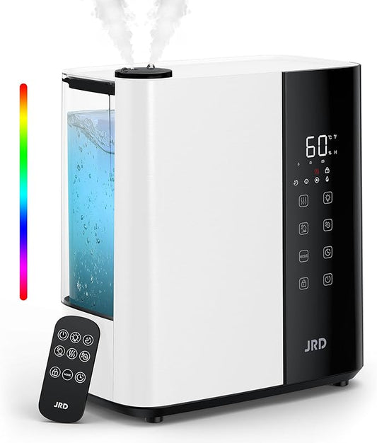 JRD Warm & Cool Mist Humidifiers for Bedroom 5L, Quiet Ultrasonic Air Humidifier Fast Symptom Relief, 50H Runtime, 12H Timer, Oil Diffuser, 7 Color Light for Large Room, Office, Baby, Plants-White