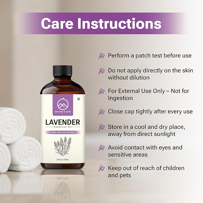 Lavender Essential Oil – 100% Pure Lavender Oil for Diffuser, Aromatherapy, Sleep, Skin & Hair – Large 4 fl oz with Glass Dropper – ROOTED & RAW