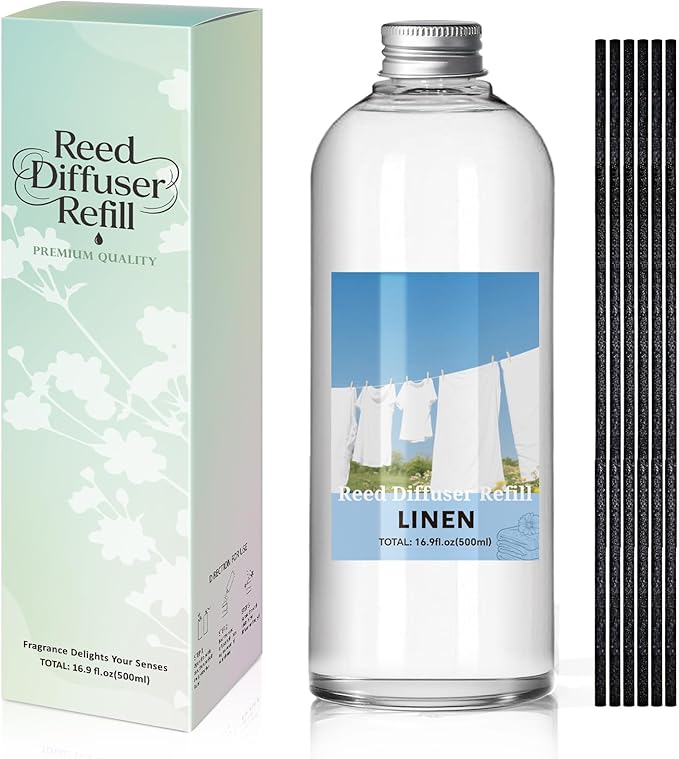 SCENTORINI Reed Diffuser Oil Refill, 16.9oz Natural Linen Scented Essential Oil with 6 Sticks, Long Lasting Home Fragrance for Large Space, Bathroom, Spa Room Aromatherapy, Hotel & Office Decor