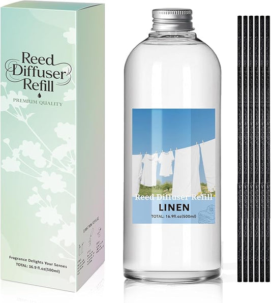 SCENTORINI Reed Diffuser Oil Refill, 16.9oz Natural Linen Scented Essential Oil with 6 Sticks, Long Lasting Home Fragrance for Large Space, Bathroom, Spa Room Aromatherapy, Hotel & Office Decor