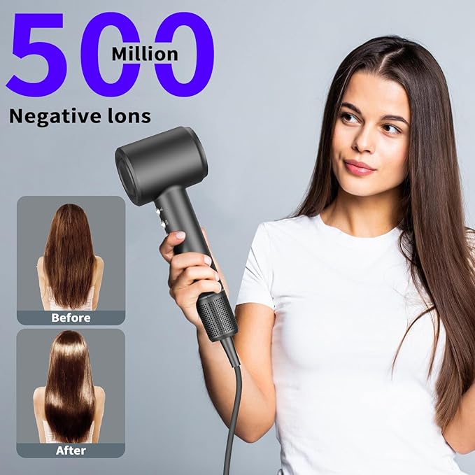 High Speed Brushless Hair Dryer with Thermo-Control, Diffuser, and Nozzle for Fast, Low-Noise Drying