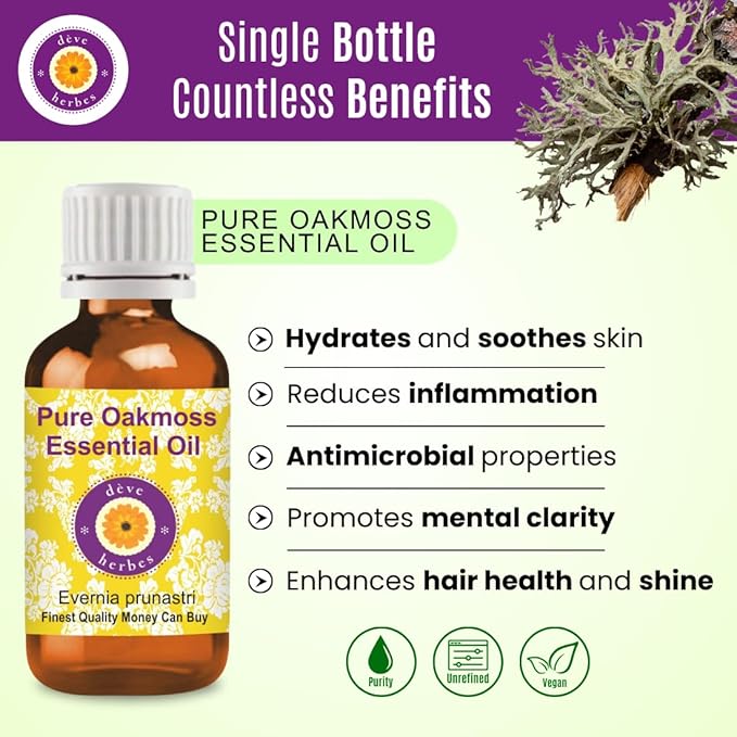 dève herbes Oakmoss Essential Oil (Evernia prunastri) Pure | Non-Sticky | Non-Greasy | Lightweight | Men & Women | All Skin Types | Steam Distilled 15ml (0.5 oz)
