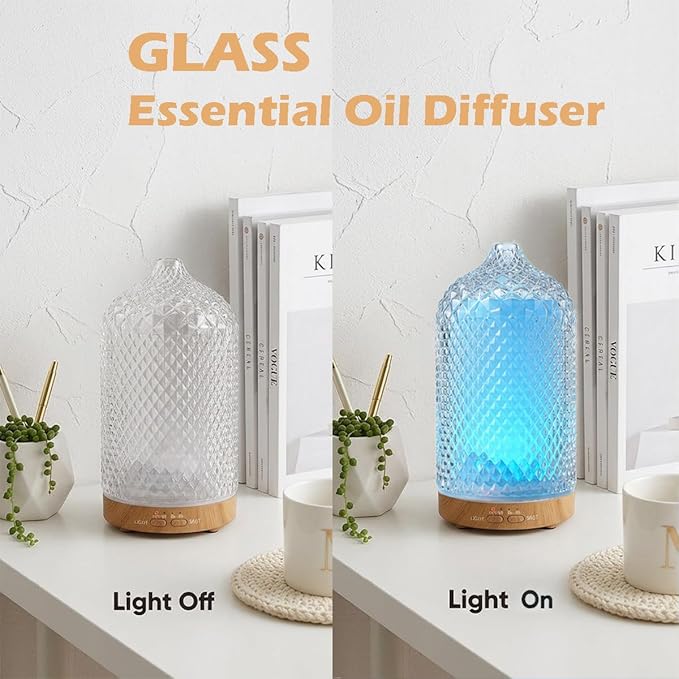 Diffuser with 3 Essential Oils,Glass Aroma Diffusers,200ml Small Humidifier with Timer,7 ED Color Lights,Waterless Auto Shut-Off for Office Home Room Decor Gifts for Women