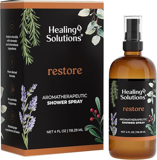 Healing Solutions Aromatherapy Shower Spray, Restore Blend, 4oz, Essential Oils, Made in the USA, At Home Spa Experience, Promotes Muscle Relaxation