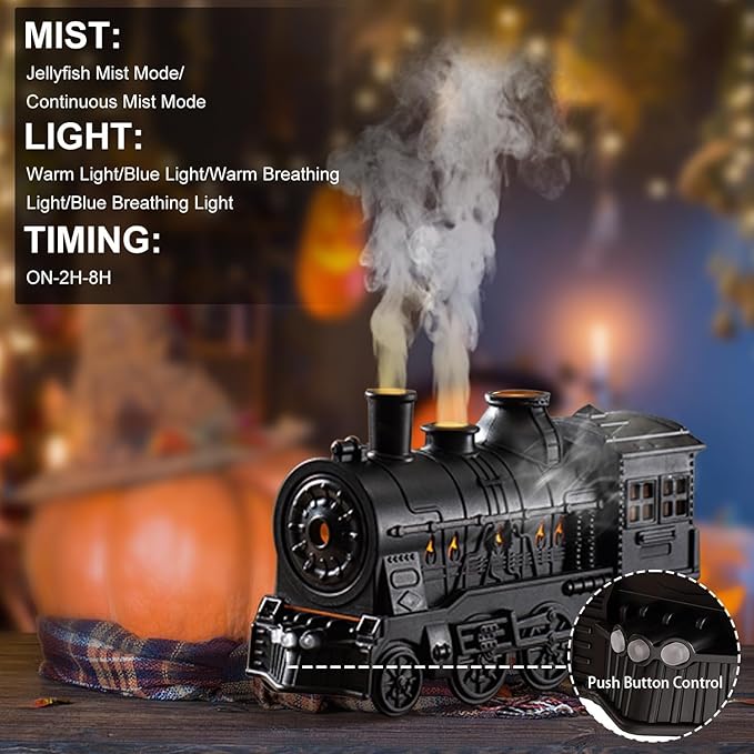 Train Humidifiers, Dual Mist Outlets, 300ml Capacity, Jellyfish shaped Cool Mist Train Humidifier, Aroma Diffuser, Mist Humidifiers with 2/8 Hours Timing Function (Black)