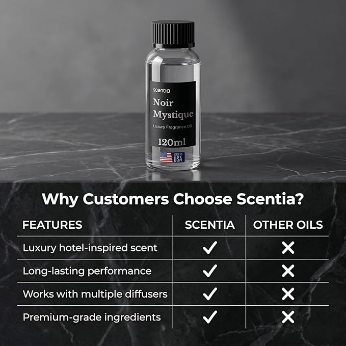 Scentia Noir Mystique Diffuser Oil Refill – Hotel Fragrance Oil Inspired by Edition Hotel – 120 mL – Rose, Bergamot & Musk Long-Lasting Scent for Ultrasonic & Waterless Diffusers, Made in USA