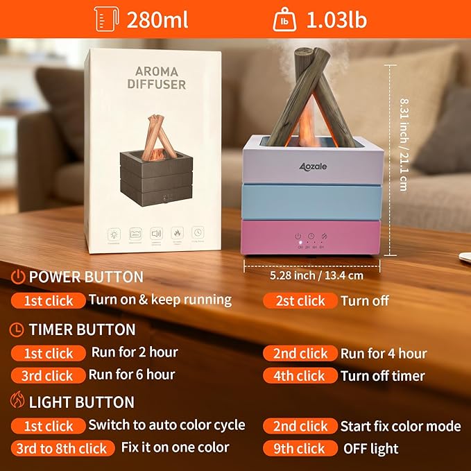 280ML Bonfire Style Essential Oil Diffuser, Pink Aromatherapy Diffuser with Remote, Flame Effect, 7-Color LED, Timer, Whisper-Quiet Mist, Auto Shut-Off for Bedroom, Office, Yoga, Gifts
