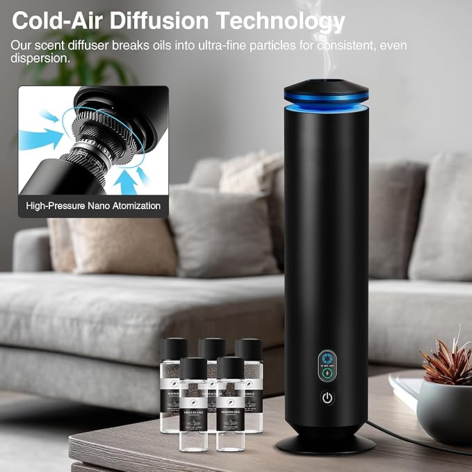 Upgraded Waterless Scent Diffuser Starter Kit - 1500 Sq Ft Coverage, Scent Diffuser for Home, Hotel, Studio, Essential Oil Diffuser Large Room, 7 Mood Lights Setting, 5 Essential Oils Included