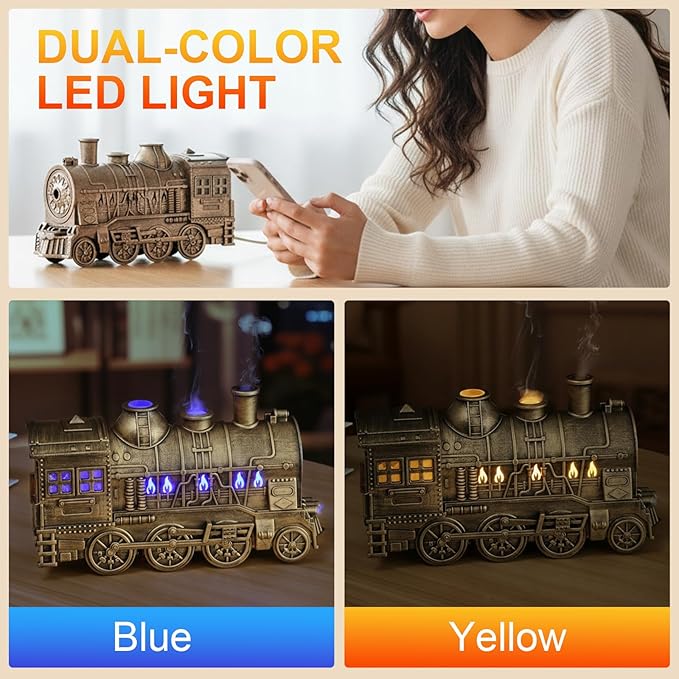 Christmas Train Diffusers for Essential Oils with Remote Control, 300ml Vintage Aroma Air Steam Train Humidifier, 2-Color Led Light