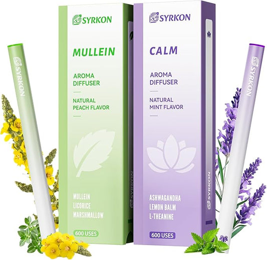 Herbal Diffuser Pens, 2 Pack, Mullein for Lung Support & Calm Mood with Ashwagandha, Natural Plant Extracts, Total 1200 Uses, Portable and Compact