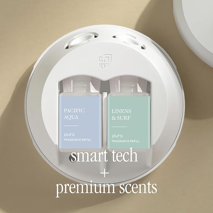Pura Smart Home Fragrance Device Starter Set - Pura 4 - Scent Diffuser for Home - Includes Fragrance Aroma Diffuser - Square Box, Pacific Aqua and Linens & Surf Scent Refills