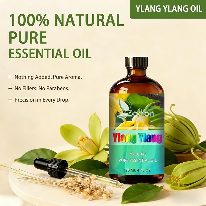 Ylang Ylang Essential Oil, 4 fl oz (120ml) - ZODION Ylang Ylang Fragrance Oil for Diffuser, Massage, Humidifier, DIY Candle, Soap Making, Home, Bath, Yoga
