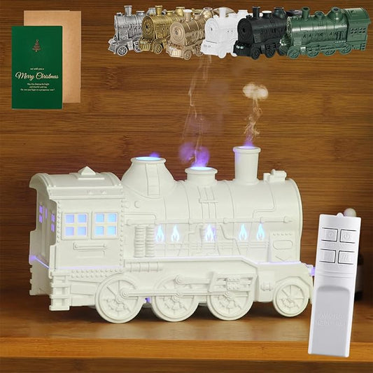 Essential Oil Train Diffuser, Vintage Steam Train Humidifier, Christmas Train Aroma Diffuser, Dual Mist Outlets Cool Mist Quiet Aromatherapy Diffuser with Remote Control, Auto-Off (White)