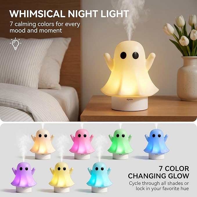 Aozale Cute Ghost Essential Oil Diffuser, 120ML Ultrasonic Cool Mist Mini Humidifier with 7-Color LED, Auto Shut-Off, Aromatherapy Diffuser for Home, Bedroom & Office, Ideal Gifts for Women & Kids