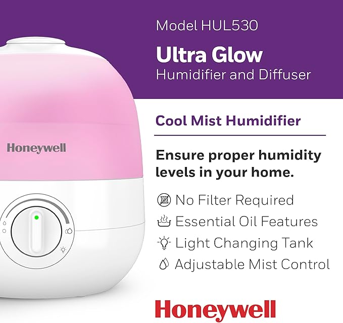 Honeywell Ultra Glow Light Changing Humidifier and Diffuser – Cool Mist Humidifier for Bedroom or Office with Essential Oil Diffuser