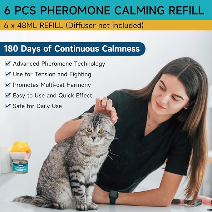 Woyamay Cat Calming Diffuser Refills - 6 Pack Cat Pheromones Calming Diffuser for Cat Anxiety Relief, Cat Pheromone Diffuser, 180 Days Pheromone Diffuser to Calm Cats, Fits All Common Diffuser Heads