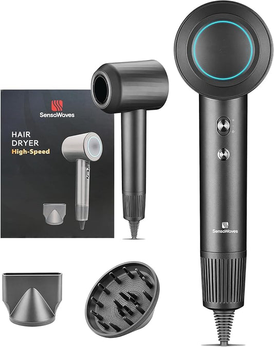 Professional High-Speed Hair Dryer 110,000 RPM, Fast Drying with 500M Negative Ions, Salon-Grade Low Noise Thermo-Control, Includes Magnetic Diffuser & Nozzle (for Home&Travel)-Black
