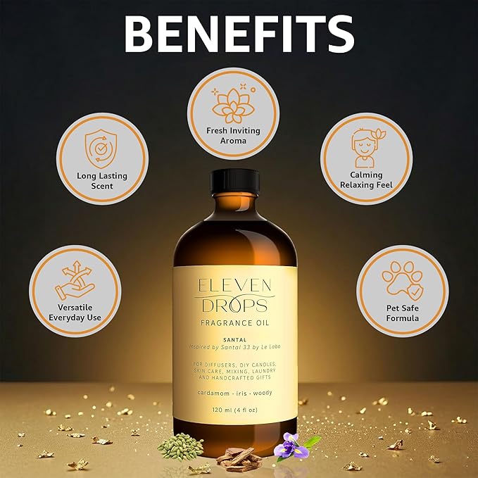 Santal Fragrance Oil | Cardamom, Iris & Woody Notes | Long Lasting Scent Reed Diffuser Oil for Home, Office, Hotel, Spa, Car & Linen Spray | Pet Friendly IFRA Compliant, 4 oz