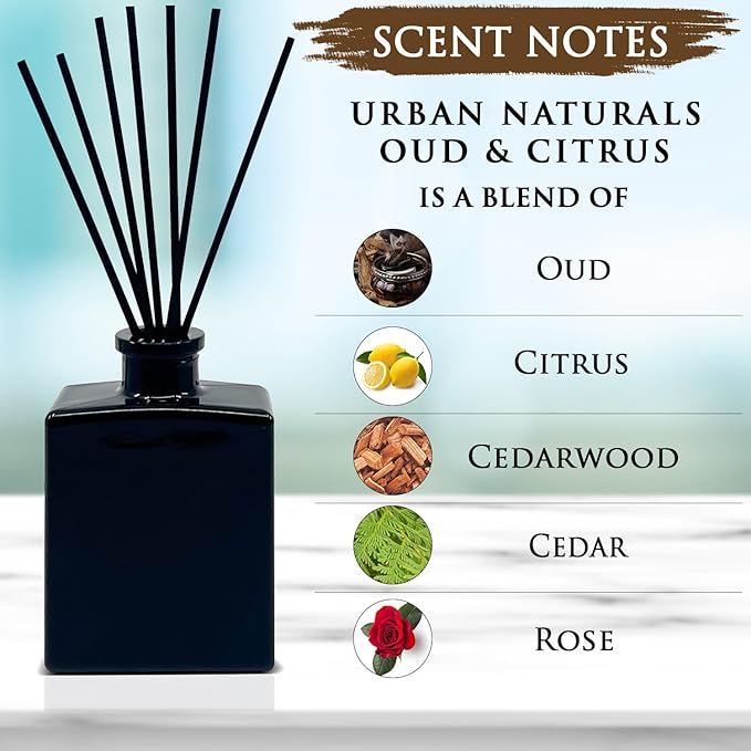 Urban Naturals Oud & Citrus Reed Diffuser Set – Made with Essential Oils – Citrus, Oud, Cedar, Amber & Wood Notes – 5 Ounce Sleek Black Rectangular Refillable Glass Bottle – Made in the USA