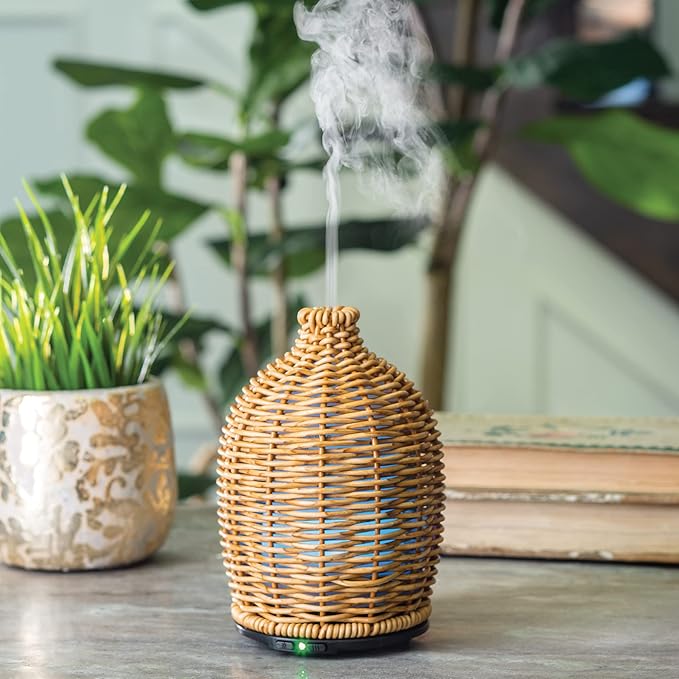 Airome Wicker Medium Rattan Essential Oil Diffuser|100 mL Humidifying Ultrasonic Aromatherapy Diffuser 8 Colorful LED Lights, Intermittent & Continual Mist, Auto Shut-Off