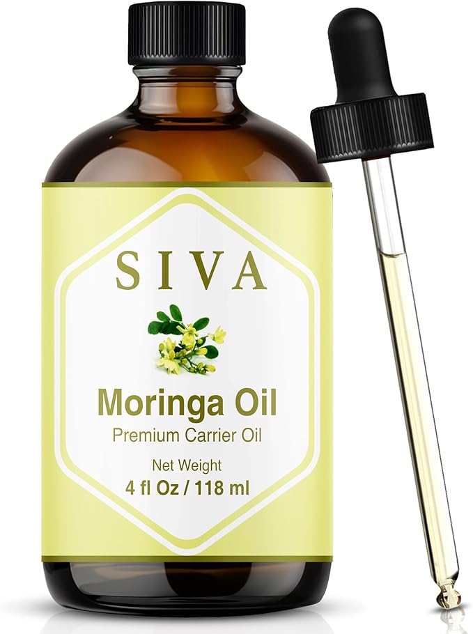 Siva Moringa Carrier Oil 4oz (118 ml) Premium Cold-Pressed 100% Natural Carrier Oil with Dropper for Skin Care, Hair Care, Scalp Massage & Body Massage