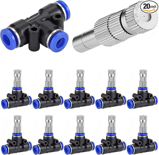 Mornajina 20 Pcs Brass Misting Nozzles Mister Replacement Nozzles with Filter Mesh & 1/4" Water Misting Nozzle Tees Kit, 0.012"/0.3mm Orifice Misting System Heads Sprayer for Outdoor Cooling System,