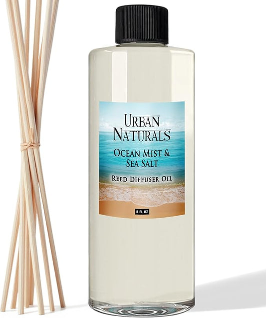 Urban Naturals Reed Diffuser Oil Refill Ocean Mist Sea Salt with Salt Spray, Violet Leaf, Sea Grass, Driftwood 8 oz + Free Reed Sticks, Made in the USA