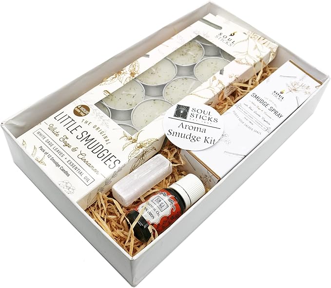 SOUL STICKS Aroma Smudge Kit | Gift Set with Little Smudgies Candles, Smudge Spray, Essential Oil and 2 Selenite Wand in White Gift Box (Cinnamon)