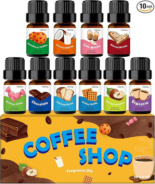 Fragrance Oil for Candle & Soap Making, Holamay Coffee Shop Set, Premium Aromatherapy Essential Oils for Diffusers for Home - Espresso, Cafe Mocha, Chocolate, Almond Biscotti and More, 10 x 5ml