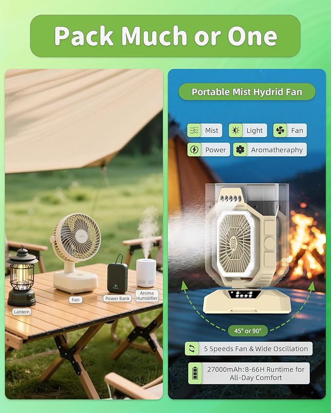 Weljoy Desk Fan 5 Sprayers Rechargeable Misting Fan for Camping & Home – 6 Speed Portable Cooling Fan with Mist 560ml Water Tank Aromatherapy Diffuser Timer 27000mAh Fast-Charging Battery(Off-White)