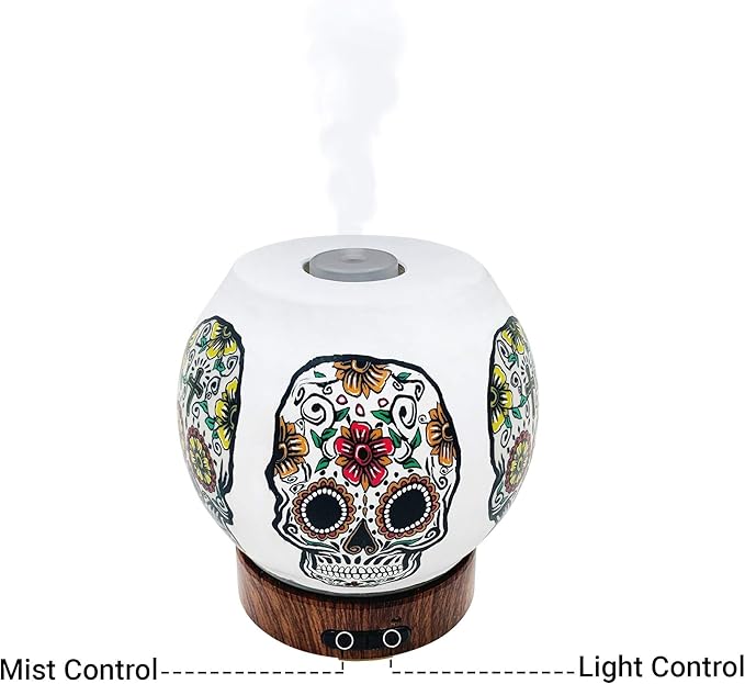 Essential Oil Diffuser Ultrasonic Handcrafted 120ml Aroma Essential Oil Cool Mist Humidifier with Adjustable Mist Mode, Auto Shut-Off and 7 Color LED Lights Changing (Sugar Skull)
