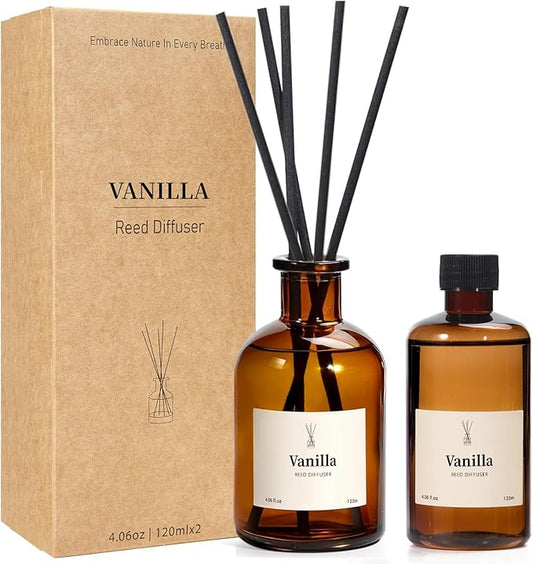 Reed Diffuser Set, 8.12 fl.oz Vanilla Oil Diffuser with 10 Sticks, Home Fragrance Reed Diffuser for Bathroom Shelf Decor & Air Fresheners, Up to 120 Days, 2 Pack