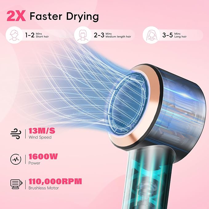CINOSTAR Hair Dryer, Fast Drying Blow Dryer with Diffuser, with 110, 000RPM Brushless Motor&Ionic Technology No Heat Damage, Lightweight for Women and Travel, Low Noise, Black & Yellow Gold