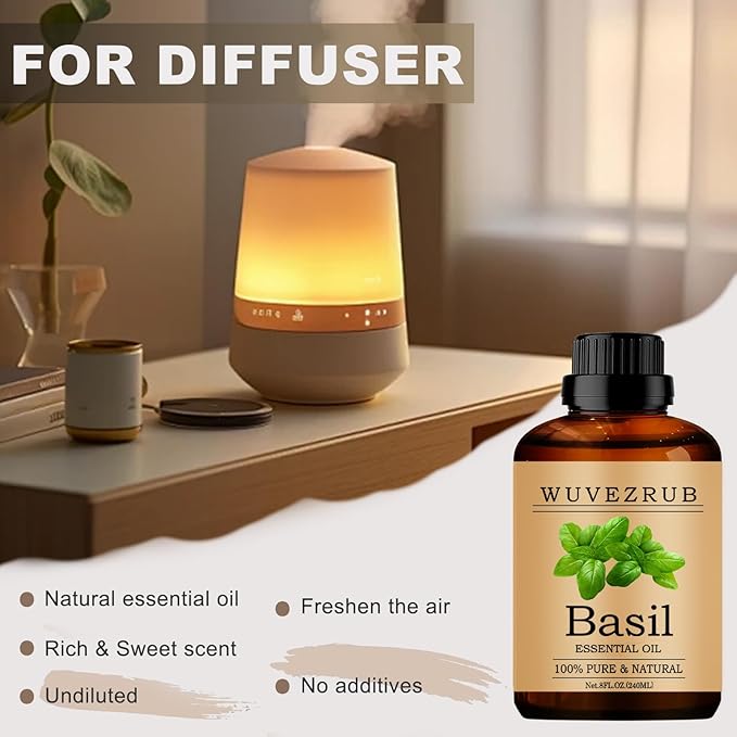 Basil Essential Oils 240ML, 100% Pure and Natural Essential Oil for Aromatherapy Diffuser - 8 Fl Oz/Basil