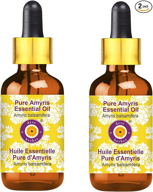 Deve Herbes Pure Amyris Essential Oil (Amyris balsamifera) with Glass Dropper Steam Distilled (Pack of Two) 100ml X 2 (6.76 oz)
