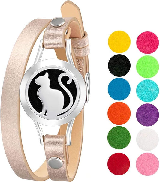 Wild Essentials Pretty Kitty Cat Essential Oil Bracelet Diffuser, Leather Wrap Band, Stainless Steel Locket Pendant, 12 Color Refill Pads, Customizable Color Changing Perfume Jewelry for Aromatherapy