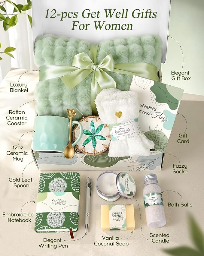 Coralogo Get Well Soon Gift Baskets - Mothers Day Gift Basket, Hug In a Box with Blanket, Thoughtful Self Care Gifts for Get Well Sympathy Relaxation Birthday Thinking of You, Spa Kit For Women