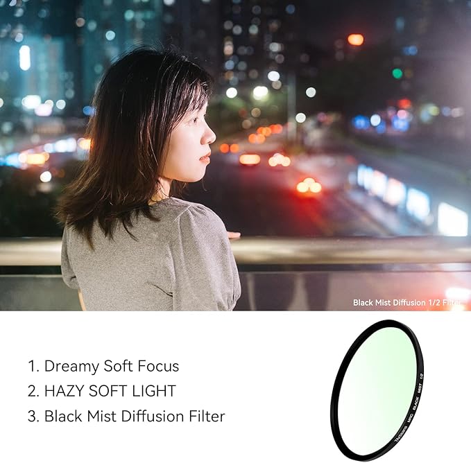 7artisans Black Mist Filter 1/2 Aluminum Alloy Natural Soft Diffuser Effect Dream Cinematic Effect Soft Focus Optical Glass Filter (77mm)