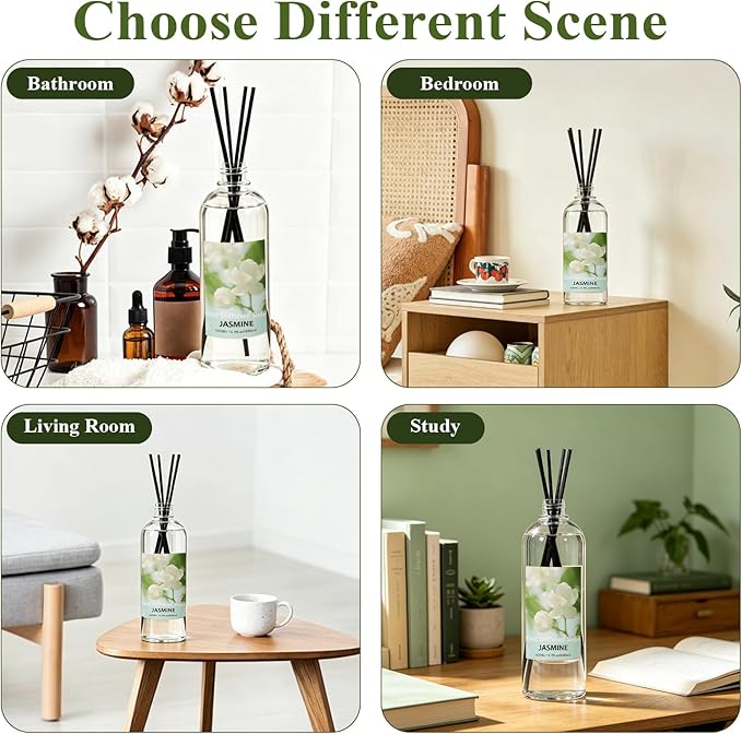 STRN Reed Diffuser Refill, Jasmine Scent Diffuser 500ml | 16.9 oz with 6 Reed Sticks, Room Fresheners for Home, Long-Lasting Fragrance for Living Room, Bedroom, Office, Home Décor
