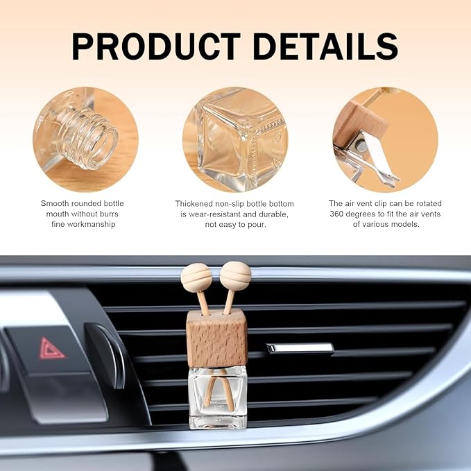 4PCS Empty Car Diffuser Bottle, Refillable Car Air Freshener Vent Clip, Car Air Freshener Diffuser Empty Glass Bottles, Car Scent Diffuser Bottle for Most Vehicles Interior Accessories